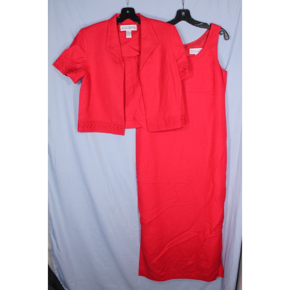 JESSICA HOWARD Red LINEN BLEND Embroidered OPEN FRONT JACKET/SHEATH DRESS Sz 6